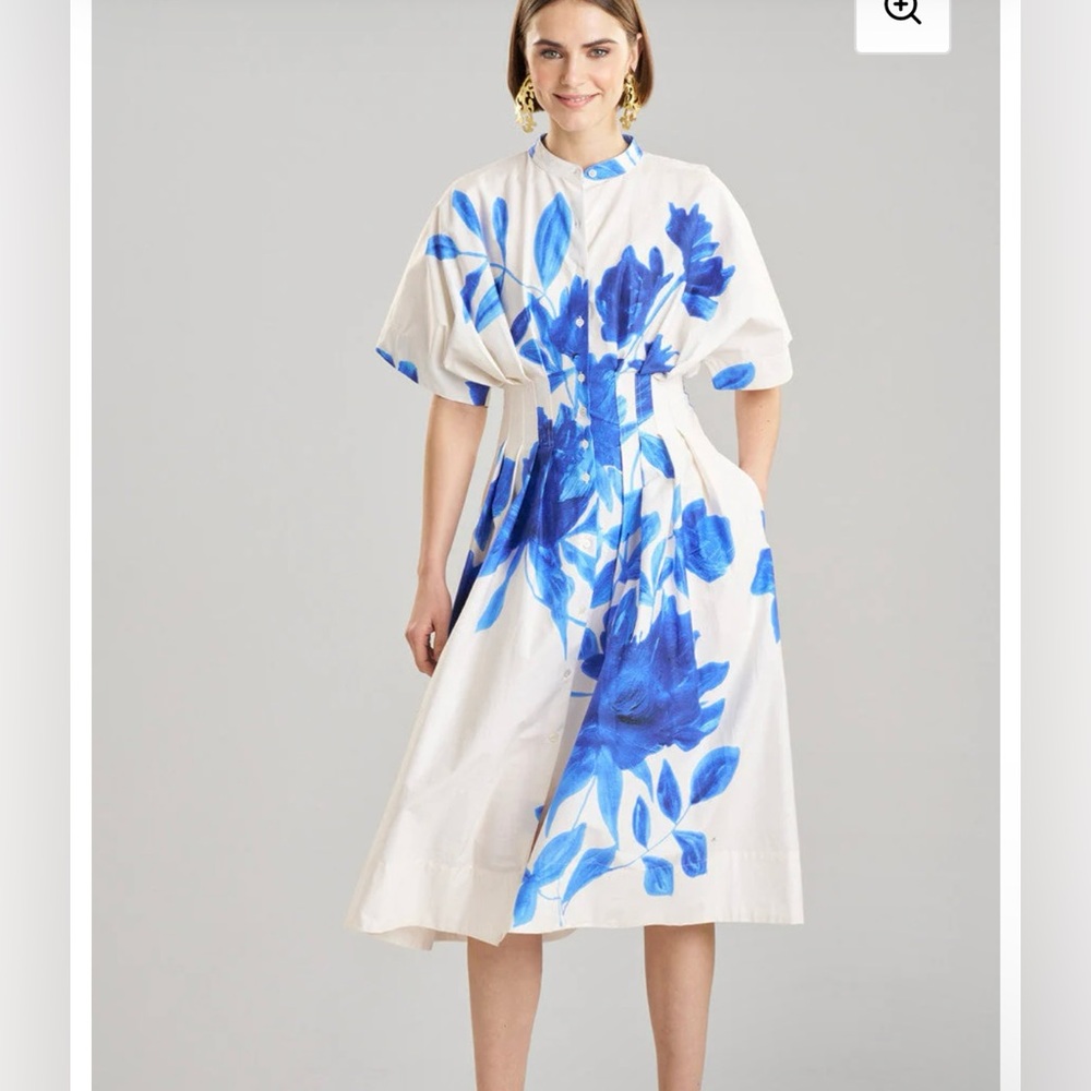 Natori Andora Printed Cotton Poplin Pleated Dress